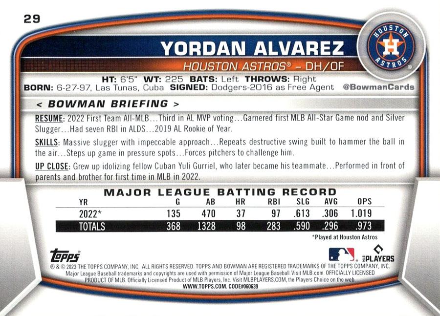 2023 Bowman Yordan Alvarez #29 Houston Astros