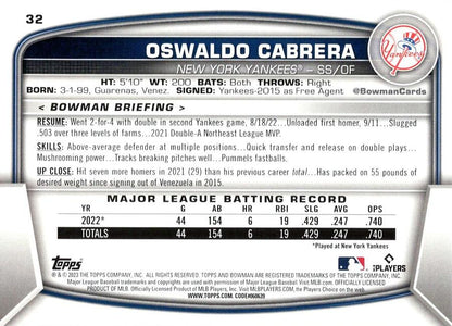 2023 Bowman Oswaldo Cabrera RC #32 New York Yankees