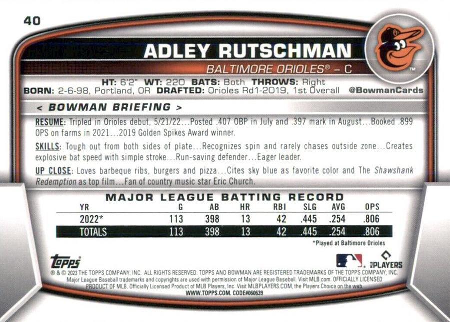 2023 Bowman Adley Rutschman RC #40 Baltimore Orioles