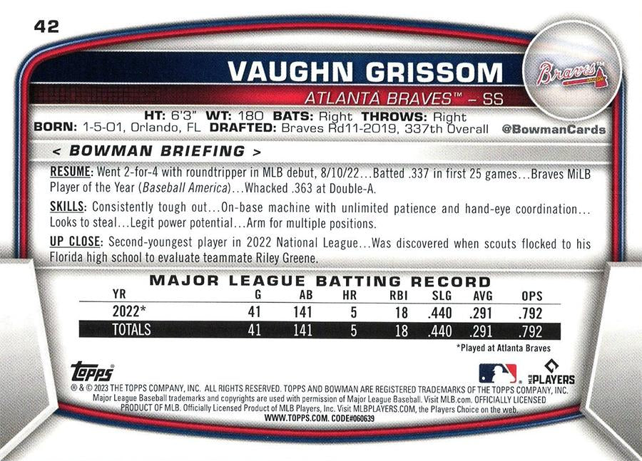 2023 Bowman Vaughn Grissom RC #42 Atlanta Braves