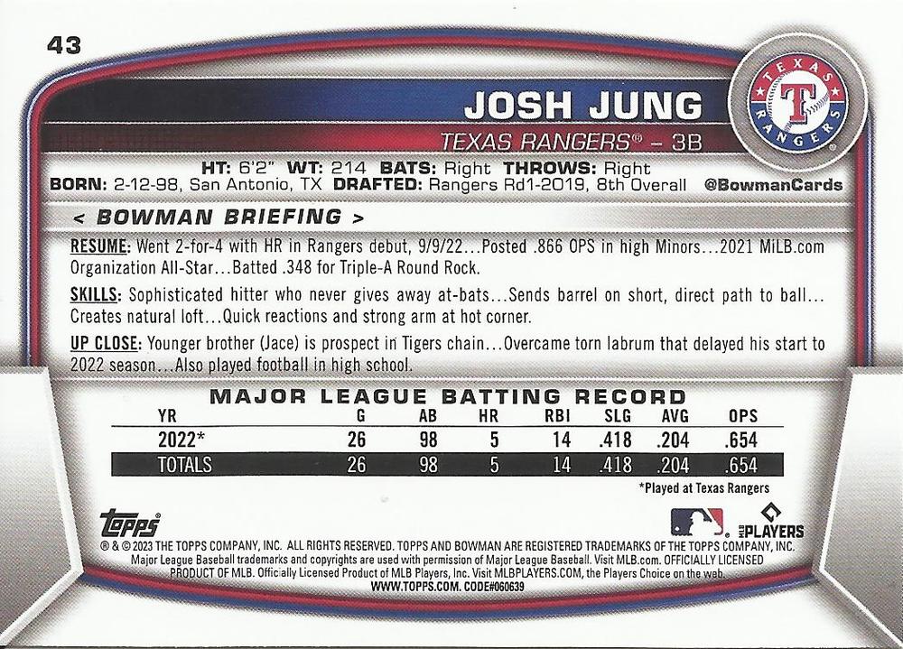 2023 Bowman Josh Jung RC #43 Texas Rangers