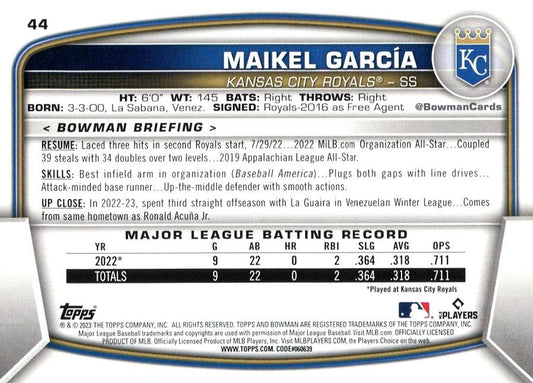 2023 Bowman Maikel Garcia RC #44 Kansas City Royals