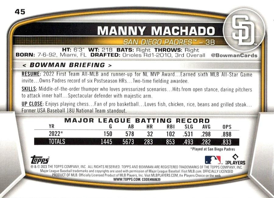 2023 Bowman Manny Machado #45 San Diego Padres