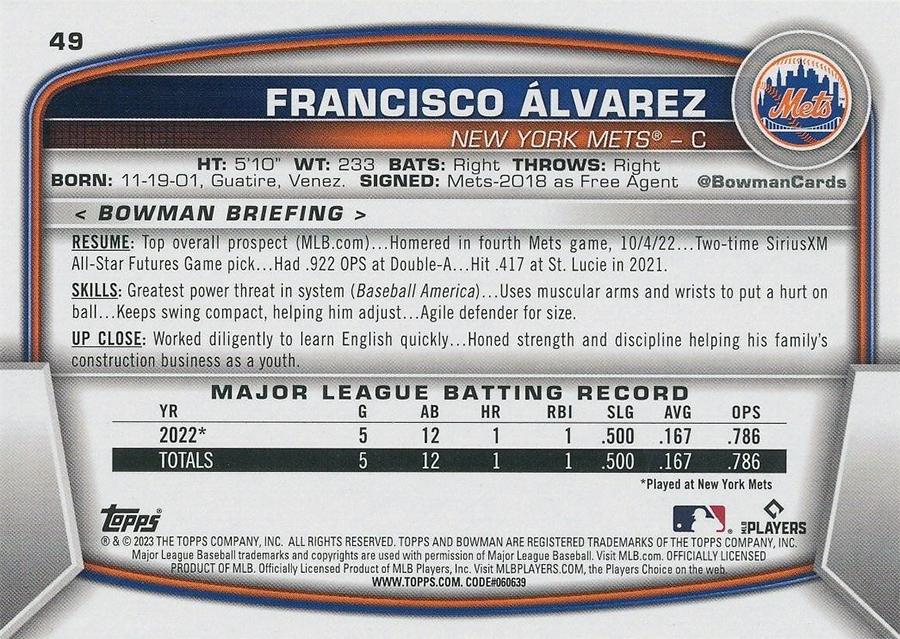2023 Bowman Francisco Alvarez RC #49 New York Mets