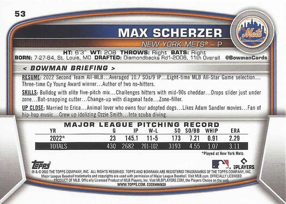 2023 Bowman Max Scherzer #53 New York Mets