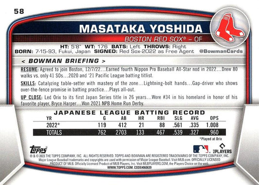 2023 Bowman Masataka Yoshida RC #58 Boston Red Sox