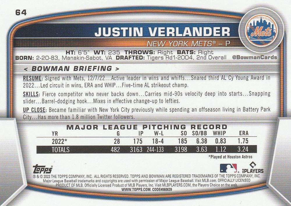2023 Bowman Justin Verlander #64 New York Mets