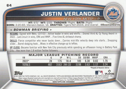 2023 Bowman Justin Verlander #64 New York Mets