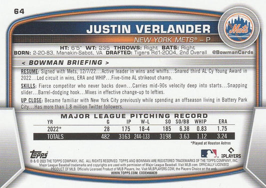 2023 Bowman Justin Verlander #64 New York Mets