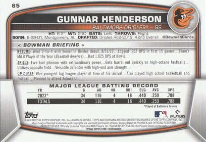 2023 Bowman Gunnar Henderson RC #65 Baltimore Orioles