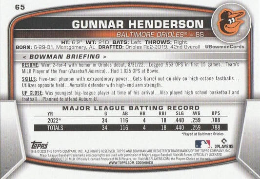 2023 Bowman Gunnar Henderson RC #65 Baltimore Orioles