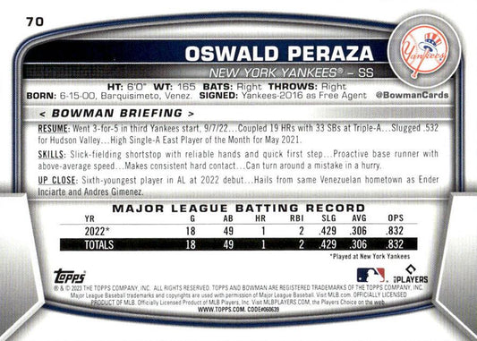 2023 Bowman Oswald Peraza RC #70 New York Yankees
