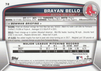 2023 Bowman Brayan Bello RC #72 Boston Red Sox