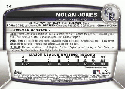 2023 Bowman Nolan Jones RC #74 Colorado Rockies