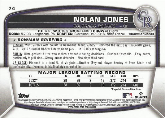 2023 Bowman Nolan Jones RC #74 Colorado Rockies