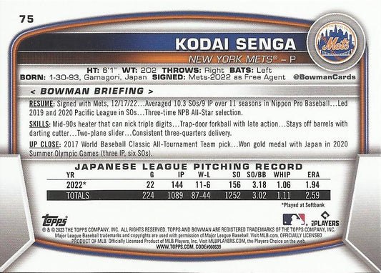 2023 Bowman Kodai Senga RC #75 New York Mets