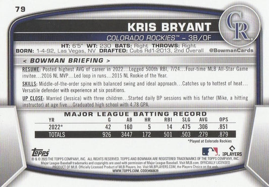 2023 Bowman Kris Bryant #79 Colorado Rockies