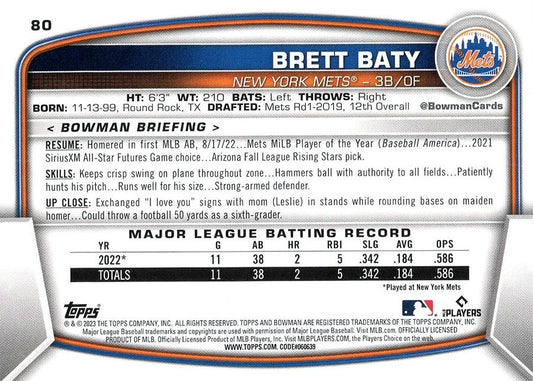 2023 Bowman Brett Baty RC #80 New York Mets