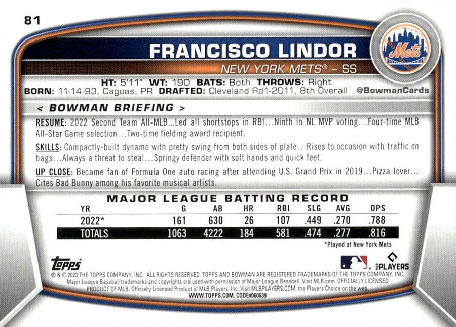 2023 Bowman Francisco Lindor #81 New York Mets