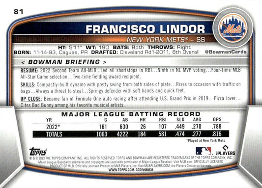 2023 Bowman Francisco Lindor #81 New York Mets