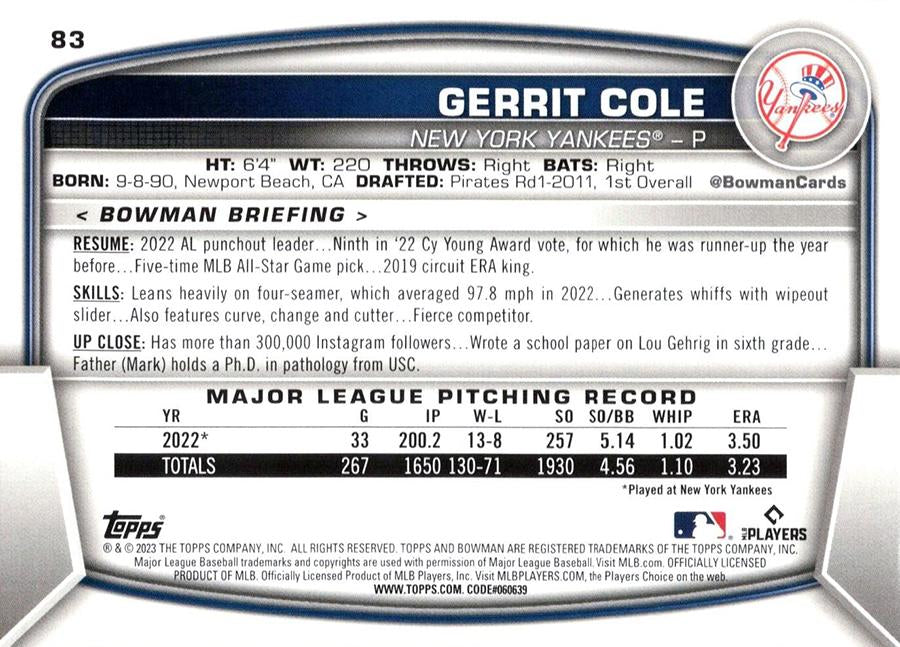 2023 Bowman Gerrit Cole #83 New York Yankees