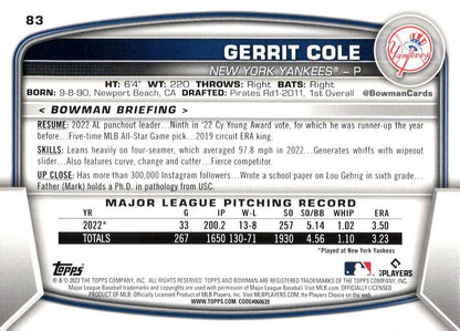 2023 Bowman Gerrit Cole #83 New York Yankees
