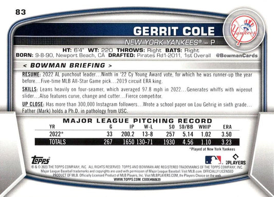 2023 Bowman Gerrit Cole #83 New York Yankees