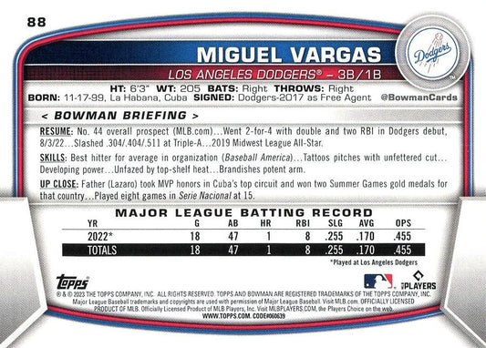 2023 Bowman Miguel Vargas RC #88 Los Angeles Dodgers