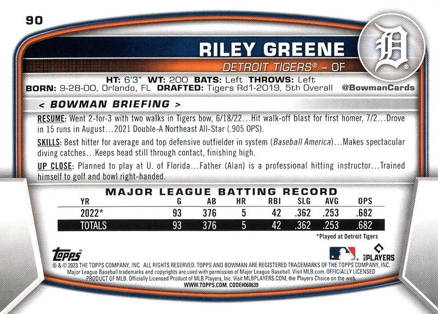 2023 Bowman Riley Greene RC #90 Detroit Tigers