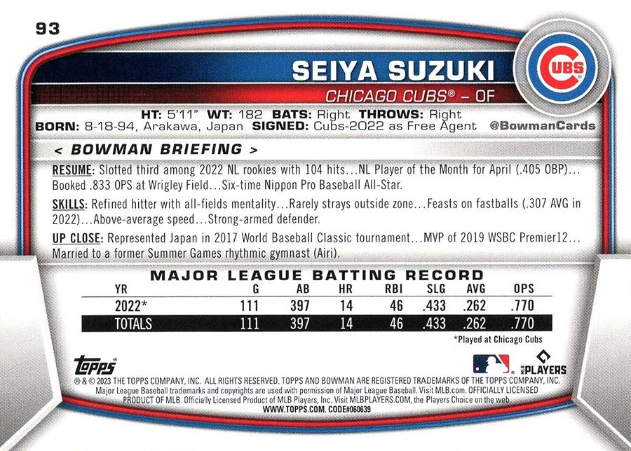 2023 Bowman Seiya Suzuki #93 Chicago Cubs