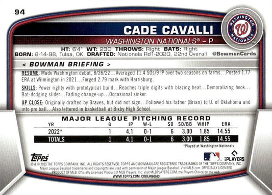 2023 Bowman Cade Cavalli RC #94 Washington Nationals