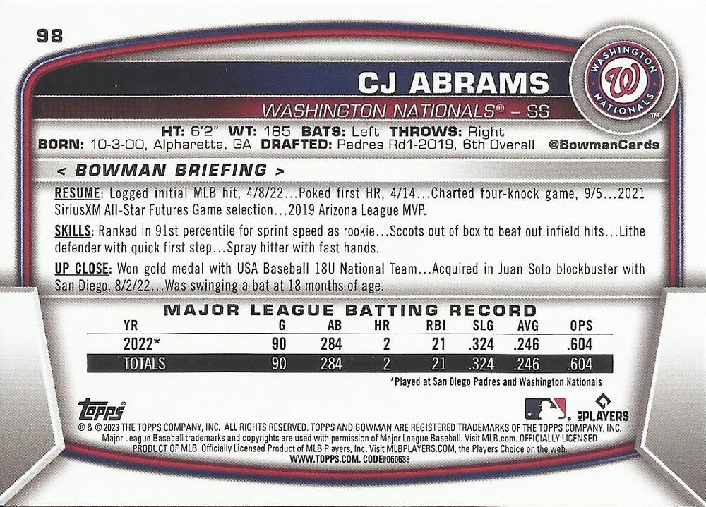 2023 Bowman CJ Abrams #98 Washington Nationals