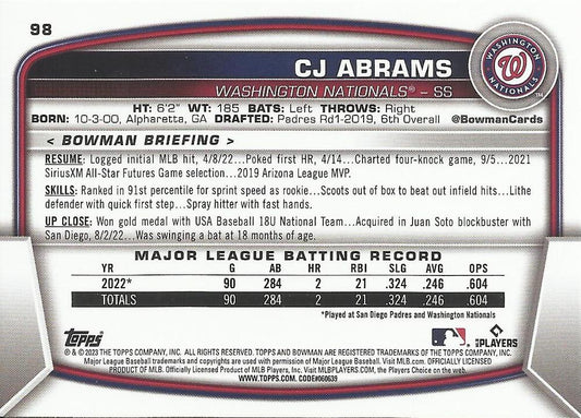 2023 Bowman CJ Abrams #98 Washington Nationals
