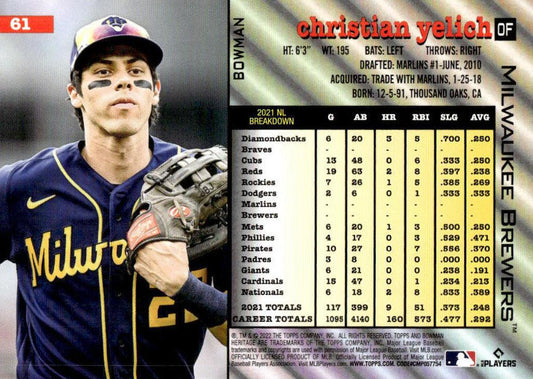 2022 Bowman Heritage Christian Yelich #61 Milwaukee Brewers