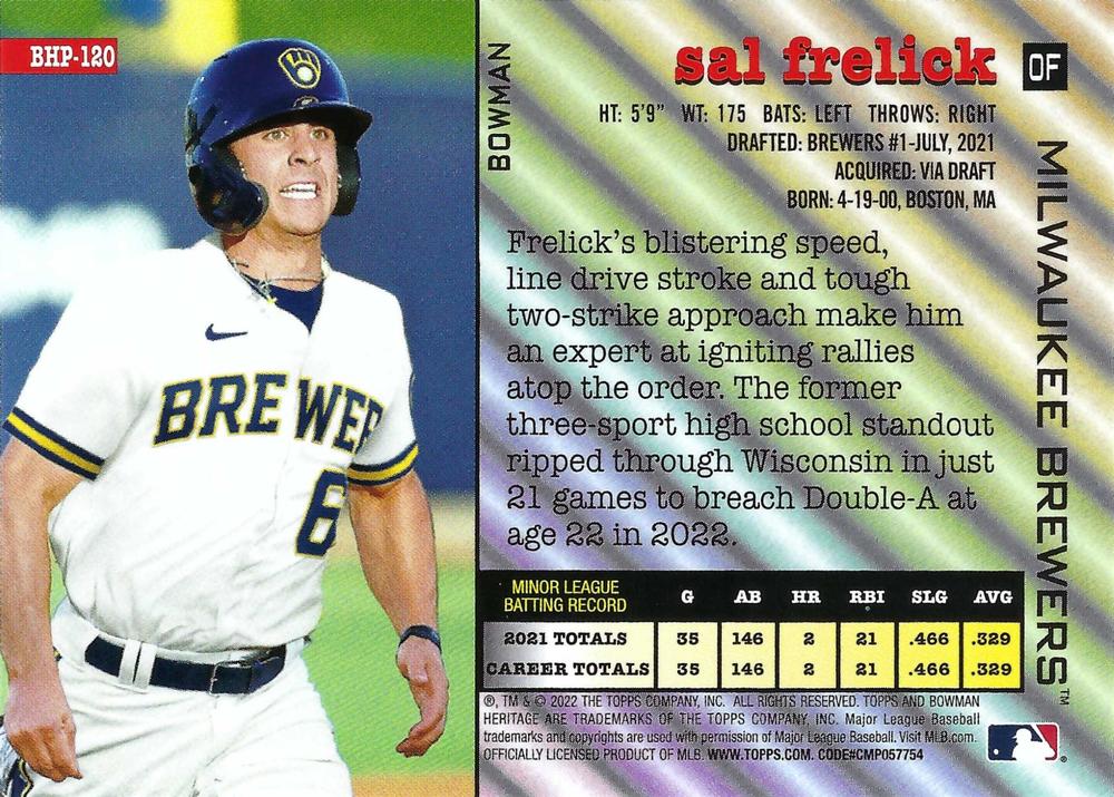 2022 Topps Heritage Prospects Sal Frelick BHP-120 Milwaukee Brewers