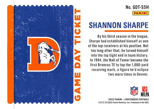 2022 Panini Contenders Game Day Ticket Shannon Sharpe  GDT-SSH Denver Broncos