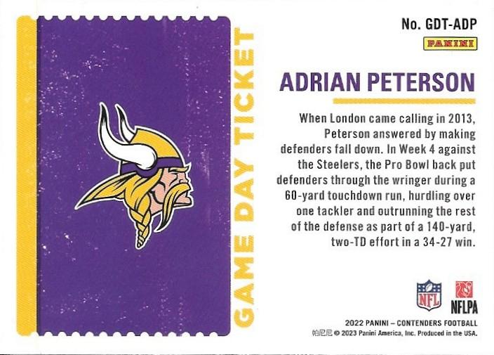 2022 Panini Contenders Game Day Ticket Emerald Adrian Peterson  GDT-ADP Minnesota Vikings