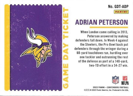 2022 Panini Contenders Game Day Ticket Emerald Adrian Peterson  GDT-ADP Minnesota Vikings