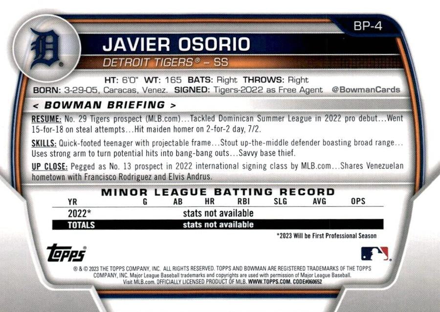 2023 Bowman Prospects  Javier Osorio BP-4 Detroit Tigers
