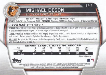 2023 Bowman Prospects 1st Bowman Mishael Deson FBC BP-7 Baltimore Orioles