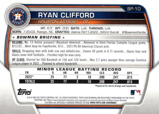 2023 Bowman Prospects 1st Bowman Ryan Clifford FBC BP-10 Houston Astros
