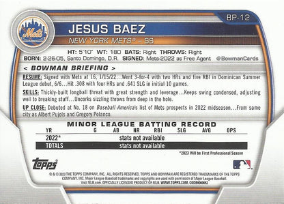 2023 Bowman Prospects 1st Bowman Jesus Baez FBC BP-12 New York Mets