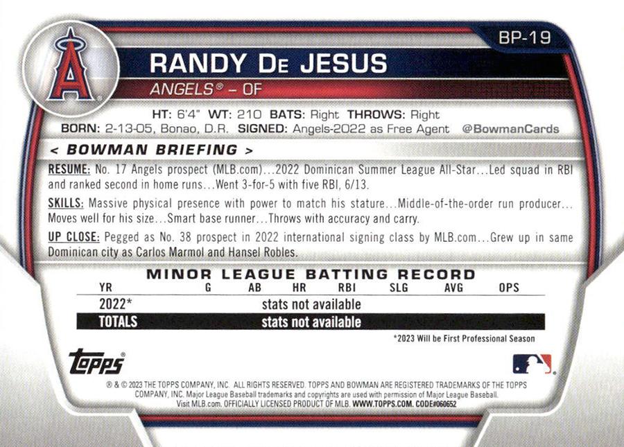 2023 Bowman Prospects 1st Bowman Randy De Jesus FBC BP-19 Angels