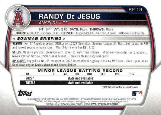 2023 Bowman Prospects 1st Bowman Randy De Jesus FBC BP-19 Angels