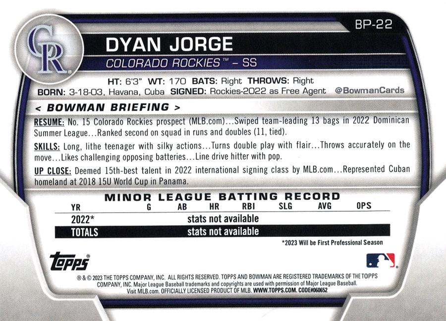 2023 Bowman Prospects 1st Bowman Dyan Jorge FBC BP-22 Colorado Rockies
