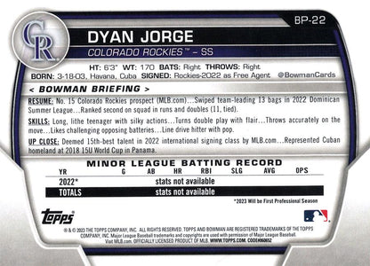2023 Bowman Prospects 1st Bowman Dyan Jorge FBC BP-22 Colorado Rockies
