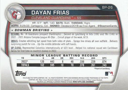 2023 Bowman Prospects 1st Bowman Dayan Frias FBC BP-26 Cleveland Guardians