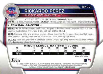 2023 Bowman Prospects 1st Bowman Rickardo Perez FBC BP-27 Philadelphia Phillies