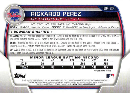 2023 Bowman Prospects 1st Bowman Rickardo Perez FBC BP-27 Philadelphia Phillies
