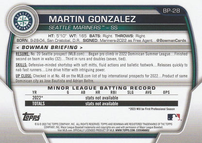 2023 Bowman Prospects 1st Bowman Martin Gonzalez FBC BP-28 Seattle Mariners